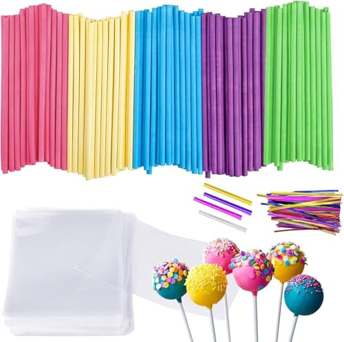 aghoer Cake Pop Stiel 300 Stück 15 cm Bunt Pop Sticks | Zur Herstellung Von Kuchenlutschern Desserts und Pralinen (100PACK)
