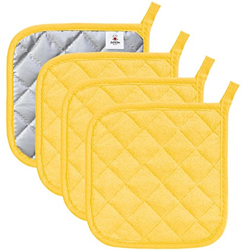 Joyhalo 4 Pack Yellow Cotton Polyester Pot Holders for Kitchen, Heat Resistant Up to 400 Degrees, Thicker Hot Pads, Quilted and Padded, Durable and Firm Grip, Great Gift Choice
