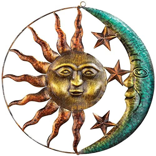 Wanddekoration Sonne Mond Metallwandkunst, 11,4 Zoll Eisenskulptur Wandkunstdekoration, Sonne und Mond Metallwandkunstdekoration mit rustikalem Finish, für Zuhause, Wohnzimmer, Garten, Schlafzimmer, B