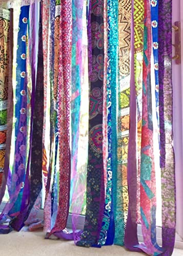 RAJBHOOMI HANDICRAFTS Indischer alter Sari-Vorhang, mehrfarbiges Band, Türdekoration, Seide, Sari-Zimmer, Boho-Recycling-Vorhänge, 190,5 cm L x 114,3 cm B