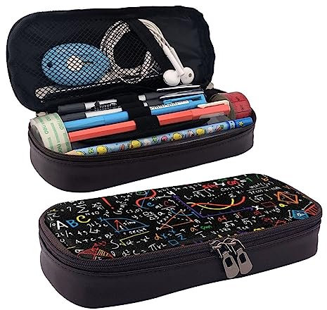 TEMKIN Mathematik und Physik Bedruckte Leder Bleistifttasche, Große Kapazität Stifttaschen Niedlich Bleistift Fall Kosmetik Organizer Tasche Mit Reißverschluss, Schwarz , Einheitsgröße, Einfach