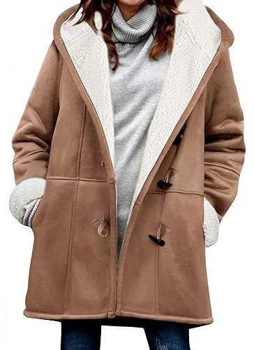 Vancavoo Fleecejacke Damen Sweatjacke mit Kapuze Strickjacken Lang Fleecejacke Winterjacke Lammfell Fleece Kapuzenjacke Winter Warme Mantel Kapuzenpullover,khaki,M