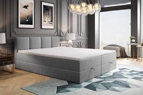 TRADA Boxspringbett 180x200 cm mit Bettkasten & Bonellmatratze, Grau | Modell ROYAL, Elegant Bett mit Topper