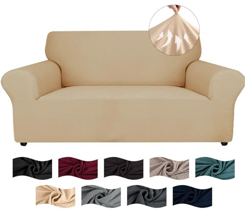 CYCMACO High Stretch Sofa Überzug 2 Sitzer, Sofabezug rutschfest, Couch Bezug Elastischer, Jacquard Sofahusse Mit Armlehnen, Universal Sofa Covers, Couchüberzug Waschbare, Beige Gelb