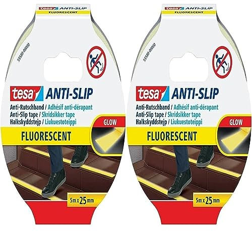 tesa Anti-Rutschband - Rutschfestes Klebeband für innen und außen - Für Treppen, Leitern und glatte Böden - Fluoreszierend - 5 m x 25 mm (Packung mit 2)