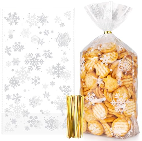 Kiiwah 100 Stück Weihnachten Schneeflocken Cellophantüten, Candy Bar Süßigkeiten Tüten Transparent Plätzchentüten Geschenktüten mit Twist Krawatten für Bonbon Plätzchen