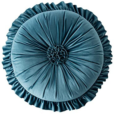 Rundes Kissen, Samt, gerüscht, Blumenkissen, Bodenkissen, Heimdekoration, Kissen für Sofa, Stuhl, Bett, Wohnzimmer, 35 x 35 cm, Blau