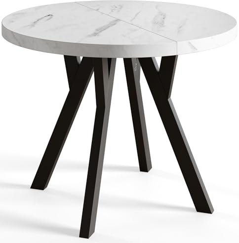 AlpiMeble Runder Esszimmertisch OVO, ausziehbarer Tisch Durchmesser: 90 cm bis 190 cm, Wohnzimmertisch Farbe: MARMUR, mit Holzbeinen in Farbe Schwarz