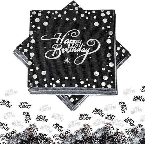 BURGEON 40 Stück Servietten Happy Birthday Schwarz Silber Mit 15g Konfetti - Papierservietten Tischdeko für Junge Mädchen Party Deko