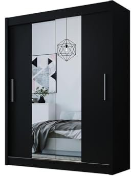 Easy4You D2 150 cm Schwarz Schiebetüren Kleiderschrank 150x200x58 cm mit Spiegel - Schlafzimmermöbel, Aufbewahrung - Mehrzweckschrank