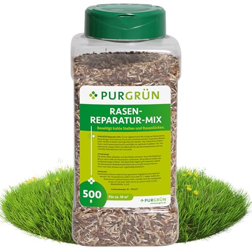 Purgrün® Rasen-Reparatur-Mix 0,5 kg – Premium-Saatgut für jeden Rasen – Mit wasserspeicherndem Bodenhilfsstoff – Natürlicher Rasendünger mit viel Stickstoff – Schließt zuverlässig Lücken im Rasen