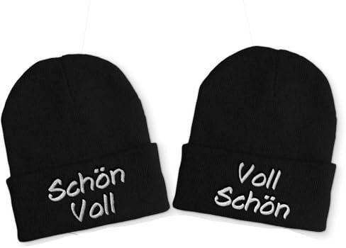 tshirtladen Schön Voll Voll Schön Duo Mütze Schwarz - Lustige Beanie für Pärchen mit Stickerei, warme Partner-Strickmütze mit Spruch in Schwarz für Winter, JGA und Gruppen