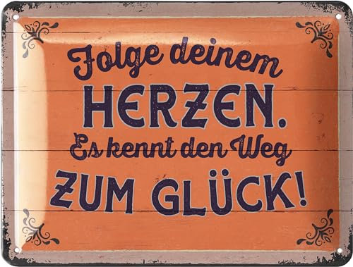 LANOLU Retro Blechschilder FOLGE DEINEM HERZEN vintage Metallschilder mit Sprüchen als Wanddeko für Küche und Garten - Shabby Chic Deko Farmhouse Holz Optik 15x20cm