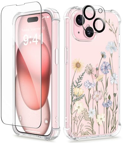 GVIEWIN Coque Compatible avec iPhone 15 6,1 2023, avec Protection D'écran+Caméra Arrière Protecteur, Fleur Anti-Jaune Transparente Souple TPU Anti-Rayures Housse Étui Antichoc,Printemps Vibrant