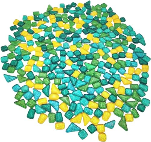 500 g zufällige unregelmäßige Glitzer-glänzende Glasmosaikfliesen zum Basteln, Großpackung, Glasmosaik-Stück-Set für Tassen, Bilderrahmen, Heimdekoration, DIY-Kunstprojekte (Mix Gelbgrün)