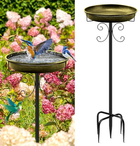 Mngren Abreuvoir pour oiseaux sur pied, en métal, 81 cm, pour oiseaux antique, résistant à l'hiver, doré vieilli