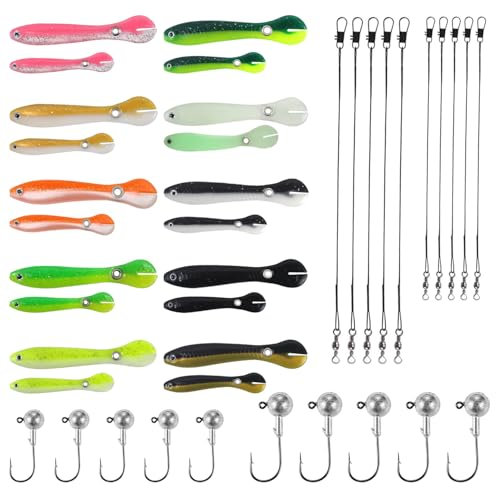 40 Stück Gummiköder Set Jigköpfe 20 Stück Gummifisch Gummifische Weiche Köder mit Hakenköpfen Angelhaken Angelköder Angelschnur Geeignet für Salzwasser- und Süßwasserfische