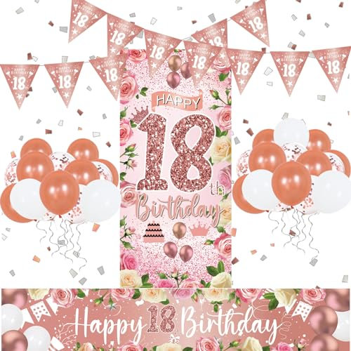 18th Birthday Decorations for Girls Rose Gold 98” Happy 18th Birthday Banner Rose Gold and White 18 Birthday Balloons Happy Birth day Backdrop Door Banner Triangle Flag Confetti Balloons