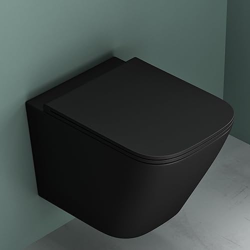 Mai & Mai Rimless Wall-Mounted Toilet Pan with Soft Close Toilet Seat | Matt Black | 52x36x36cm | Wall-Mounted WC Easy Clean | Aachen112