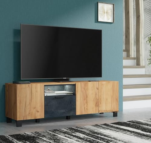 Furneo Enzo 04 TV Stand, 150cm Unit Cabinet, Oak and Black Concrete Effect, with White LED Lights
