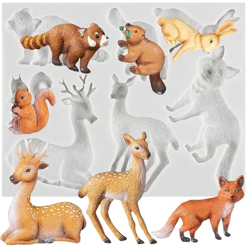 MINFEIDMS Moule en silicone pour fondant, renard, écureuil, raton laveur, élan, sika, cerf, bonbons pour décoration de gâteaux, pâte à sucre, pâte à sucre, argile polymère