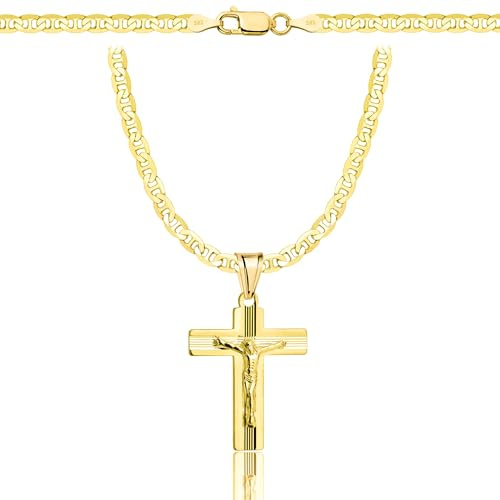 AMAR OPRAVA Gold Damen/Herren Kette mit einem 925/585 Kreuz, original geflochten, Breite 3,8 mm, Goldkette- Halskette Herren Damen Schmuck Königskette 45 cm