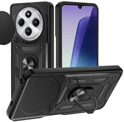 Hülle für Xiaomi Redmi 14C 4G/14 C/Poco C75 4G Kameraschieber Schutz, Hybrid Handyhülle mit Kameraschutz Kickstand Ständer Metall Ring Hüllen, Militärqualität Standard Stoßfeste Schutzhülle, Schwarz