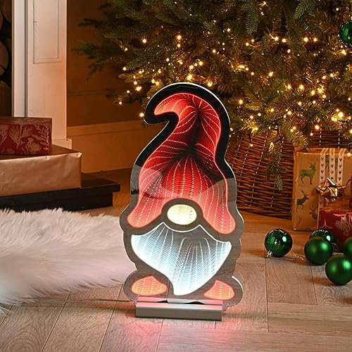 Festive Lights - 40cm Infinity Mirror Nordic Gonk Christmas Figure 3D Freestanding Acrylic Décor - 102 Red & White SMD LEDs, Mains Powered, Indoor Use, Wooden Base, 3m Clear Cable, IP20 Rated