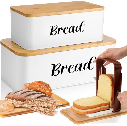 Teenyyou 2 Pcs Extra Large Bread Box with Bread Slicer and Bamboo Cutting Board Lid Farmhouse Large Capacity Metal Multi-size Bread Box Set Bread Cake Slicing Guide for Kitchen Countertop(White)