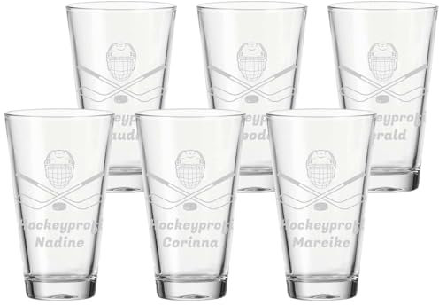 LUXENTU Trinkgläser mit Gravur 6er Set, 300 ml, Wassergläser und Kindergläser mit Eishockey-Motiven, Personalisierbar mit Namen, Individuelle Lasergravur, Helm & Schläger