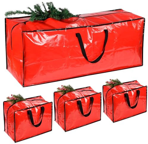 4 Pack Extra Large Christmas Tree Storage Bag with 3 Christmas Decoration Bags for Christmas Trees, Baubles, Xmas Tree Storage Box Easy to Carry, Waterproof Storage Bags (Red)