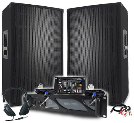 Pack Sono DJ BM Bmsonic Amplificador 3000 W, par de altavoces pasivos 2 x 700 W, mesa de mezcla, auriculares DJ, cables y micrófono