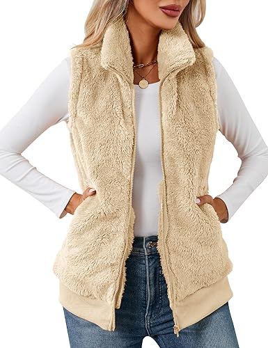 IECCP Teddy Fleece Gilet for Women UK Body Warmers Vest Tops Solid Color Lightweight Cozy Gilets Stand Collar Sleeveless Zip Waistcoat with Pockets