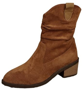 Generico Stivaletti Biker Donna Stivali In Pelle Da Donna Women's Wide Embroidered Mid Calf Boots Women's Chunky Heel Mid Calf Boots Women's Boots Stivali Gambale Largo Scarpe Donna Pianta (Brown, 43)