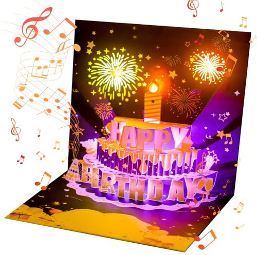 JIZZU Geburtstagskarten mit Musik, Pop Up Geburtstagskarte mit Lichter & blasbare Kerze, 3D Feuerwerk Happy Birthday Karten, Geburtstagsgeschenk für Frauen, Männer, Kinder