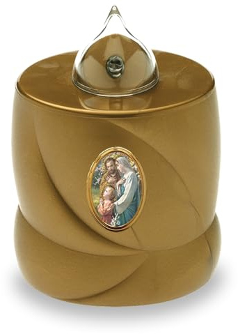 AROBA 4x LED Grabkerze Trauerlicht - Flackereffekt wie echte Kerze - lange Brenndauer bis 200 Tage - wiederverwendbar Friedhofskerze Gedenkkerze Dauerkerze - gold Heilige Familie