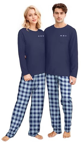 Lufebut Partner Weihnachts Schlafanzug für Paare Zweiteiliger Couples Pyjama Set Lang Briefdruck Weihnachten Nachtwäsche Hausanzug Loungewear Herren, Blau M