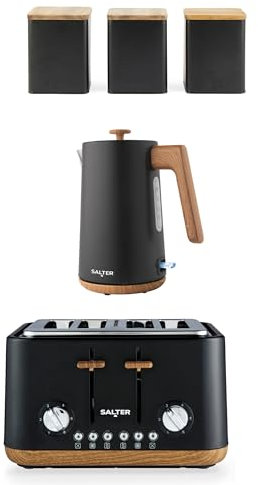 Salter Toronto Kettle, Toaster & Countertop Set – Includes Tea, Sugar, Coffee Canisters, Rapid Boil, 4-Slice Wide Slots, Storage Canisters, Wooden Accents, Matt Black