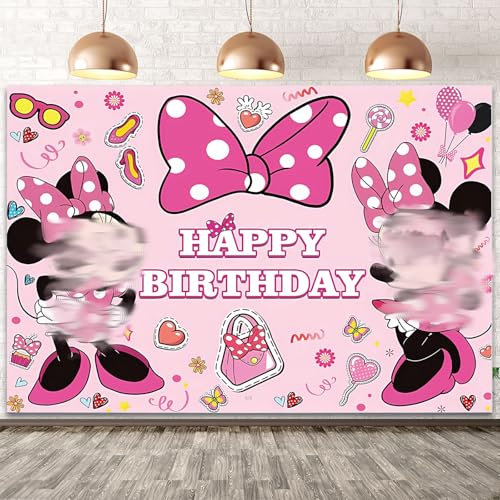 Ainvliya Minni Happy Birthday Backdrop, Photography Backdrop Photo Background for Birthday, Pink, Vinyl, 5x3FT