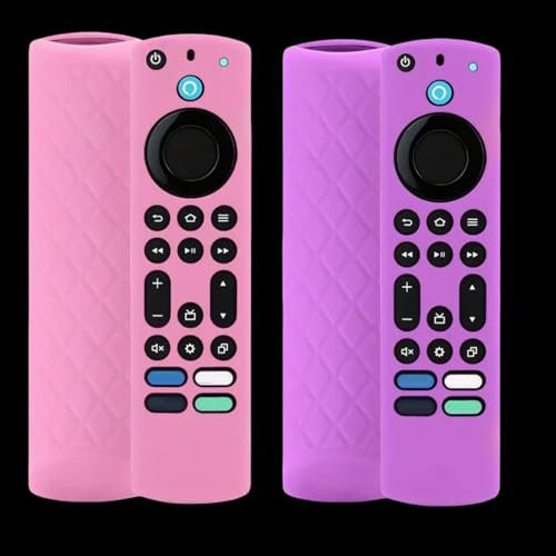 2 Pack Silicone Remote Cover for 4K Max/Toshiba/Insignia/Pioneer/Omni (QLED) Series Voice Remote Enhanced w/Lanyard Glowing - Purple and Pink