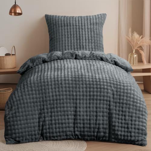 RUIKASI Winter Plüsch Bettwäsche 155x220 2teilig Grau - WarmeKuschelig Weich Flauschige Flanell Fleece Bettwäsche Luxus Wende Bettbezug mit Reißverschluss und 1 Kissenbezug 80x80cm