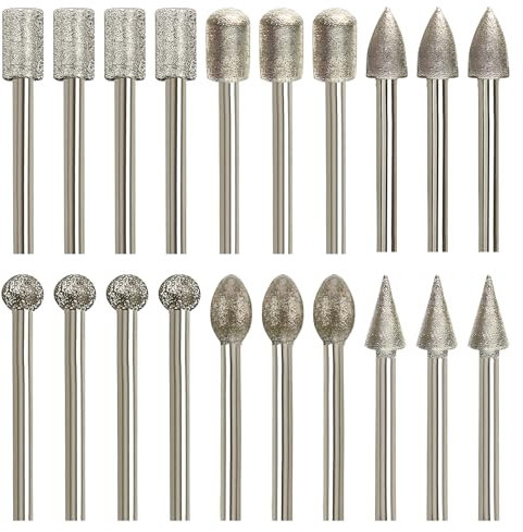 20Pcs Diamond Grinding Bits Set for Dremel Rotary Tools, 3mm Shank Diamond Burr Bits Rotary Drill Tool Sanding Bits for Stone Glass Ceramic Metal Grinding Carving Polishing