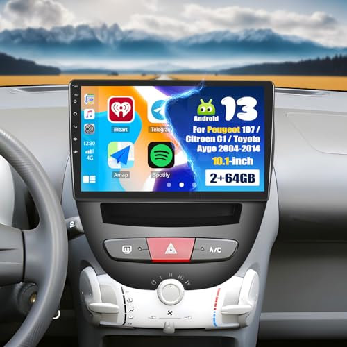 SIXWIN 2+64G Android 13 Carplay&Android&Mirror Link Auto Autoradio für Peugeot 107/Citroen C1/Toyota Aygo, 10.1 Zoll Kapazitive Touchscreen Unterstützt WiFi/GPS/FM/RDS/Bluetooth/SWC