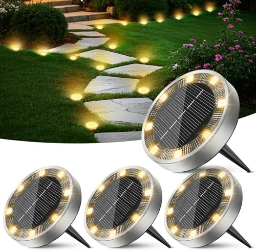 Peasur Solar Bodenleuchten Aussen, 4 Stück 8 LED Solarlampen für Außen Garten Wetterfest, Solarleuchten Gartenbeleuchtung für Boden Weg Rasen Gehweg Warmweiss