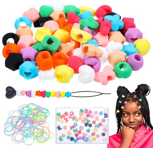 Tyqour 60pcs Silicone Hair Beads for Kids Girls, Butterfly Heart and Star Hair Beads for Braids, Silicon Bead Dreadlock Accessories