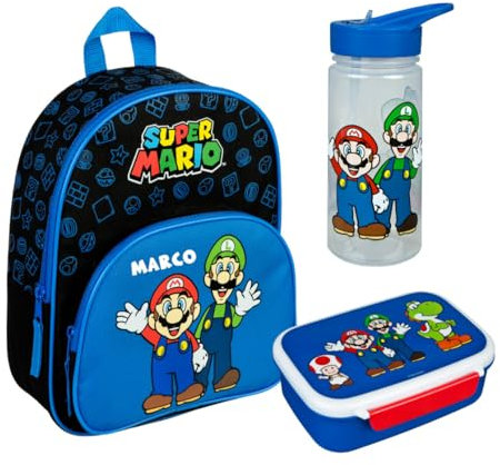 Zaino per l'asilo Super Mario con contenitore per il pranzo, bottiglia per il pranzo, personalizzato con nome, set zaino per bambini con contenitore per il pranzo, bicchiere blu royal, Set 2 - Super