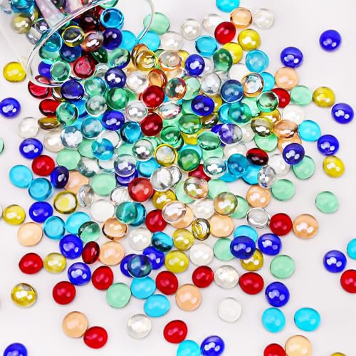 Funzhan 0.43KG Glass Pebbles Mixed Color Glass Gems Flat Beads 185PCS Small 7 Color Clear Blue Pink Red Mini Flat Round Pebbles for Vase Filler Aquarium Gravel DIY Craft Table Scatter Decor