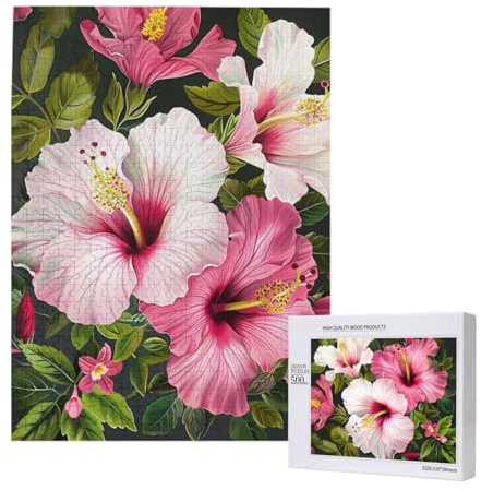 Hibiskus Blumen gedruckt Jigsaw Puzzle mit Aufbewahrungsbox, Holzpuzzle für Erwachsene und Kinder, 500 Teile Familie Spaß Dekoratives Spiel