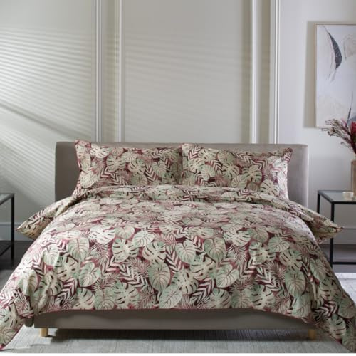 Tropical Garden Duvet Cover Set – 100% Cotton, Printed 180TC with Piped Finish & Button Closure – Blue or Red Leaf Design – Includes Pillowcases – Single to Super King Sizes [Ki-Re]