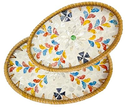 BeauFairy 2PCS Round Rattan Tray with Mother of Pearl Inlay, Rattan Serving Tray, Storage and Display of Coffee, Bread, Fruits, Snacks, Hand Woven Boho Wicker Tray for Table Decor, (Colored Leaves)